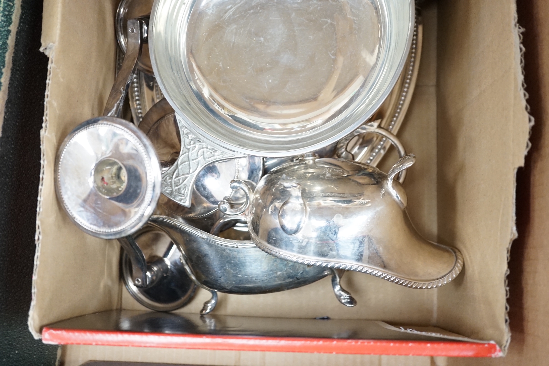 Assorted plated wares including canteen of cutlery, cased sets etc.